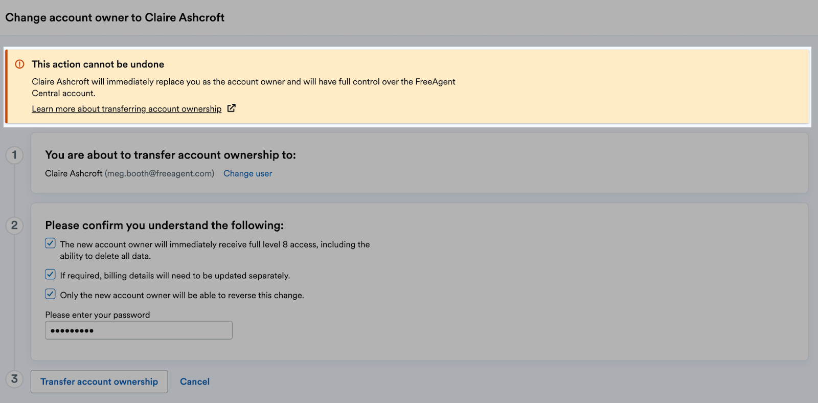 Notice telling user this action cannot be undone.