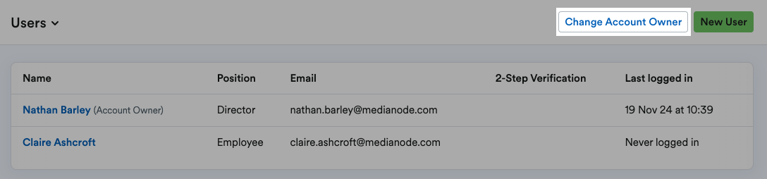 'Change Account Owner' button highlighted at the top of the page.