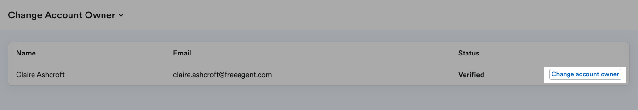 'Change account owner' button highlighted next to verified user.