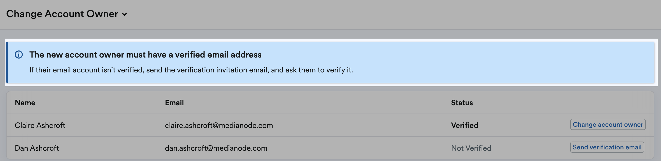 Notice telling user to send verification email and ask other user to verify it.
