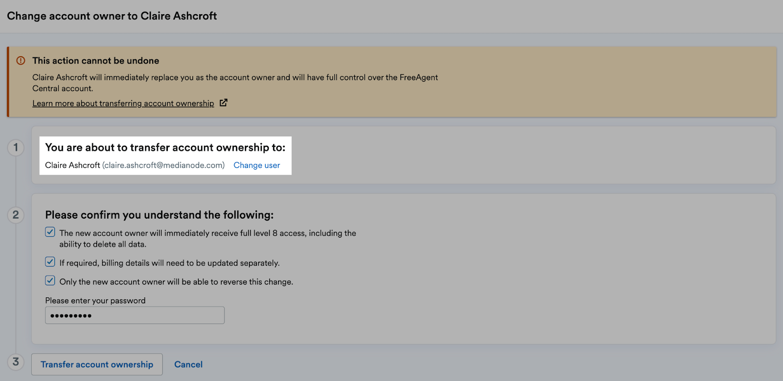'Change user' button highlighted in first step of changing account ownership.