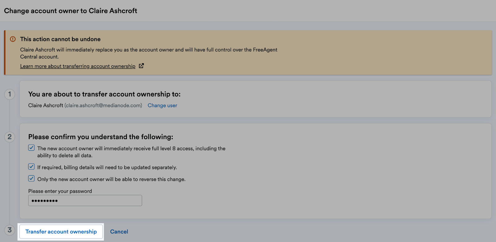 'Transfer account ownership' button highlighted at the bottom of the page.