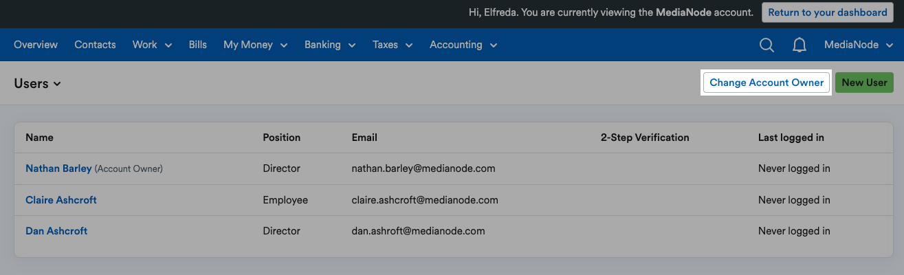 'Change Account Owner' button highlighted at the top of the page.