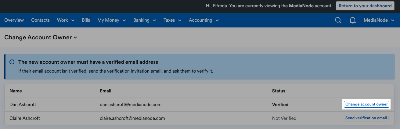 'Change account owner' button highlighted next to verified user.