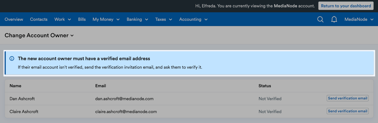Notice telling user to send verification email to other user and ask them to verify it.
