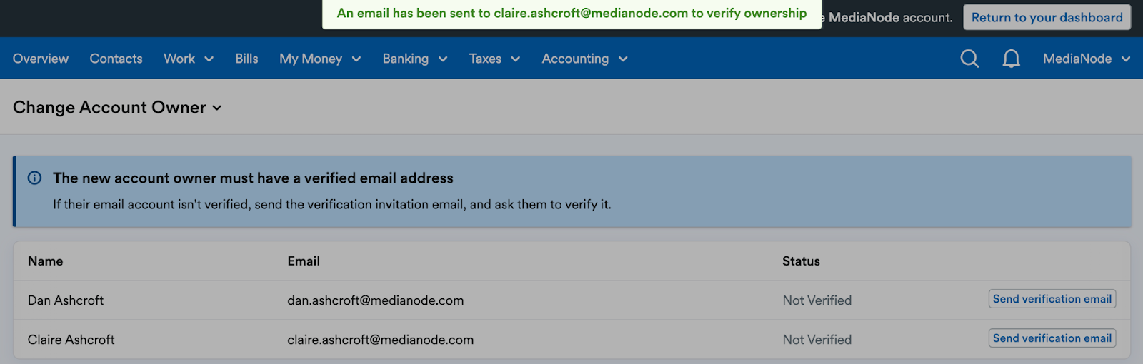 Notice telling user the email has been sent to the other user.