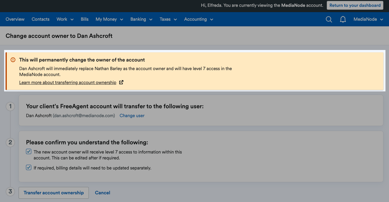 Notice saying new user will immediately replace old user.