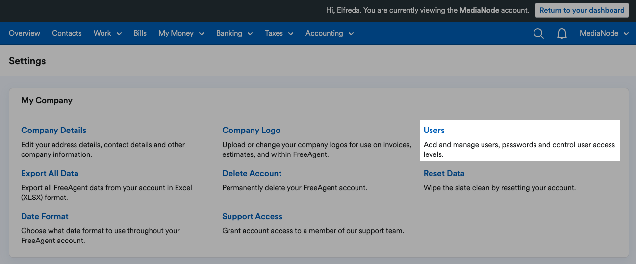 'Users' button highlighted within My Company area of Settings page.