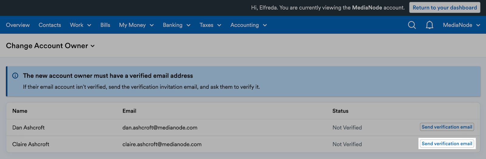 'Send verification email' button highlighted next to not verified user.