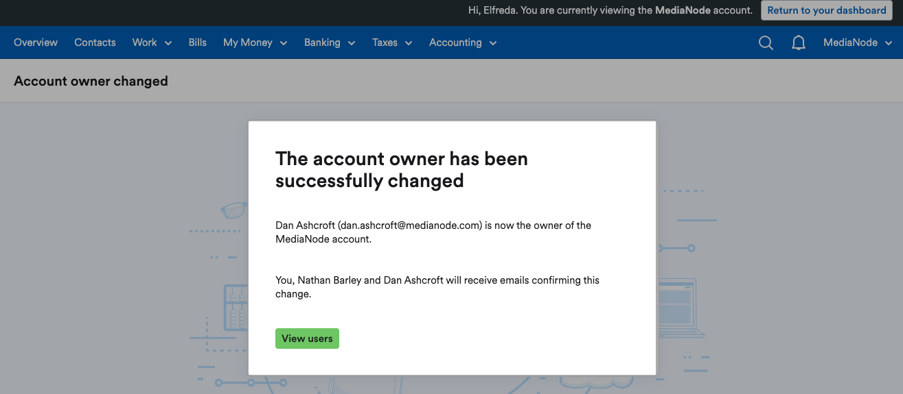 Pop up window telling user the account owner has successfully be changed.