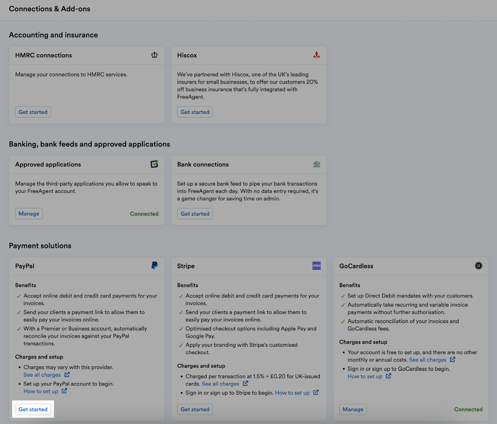 PayPal option highlighted in connections & add-ons area