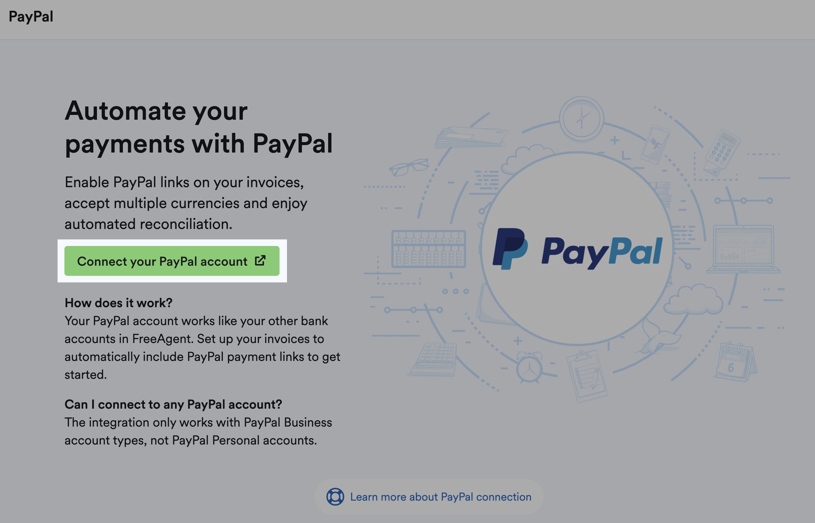 Connect your PayPal account button highlighted