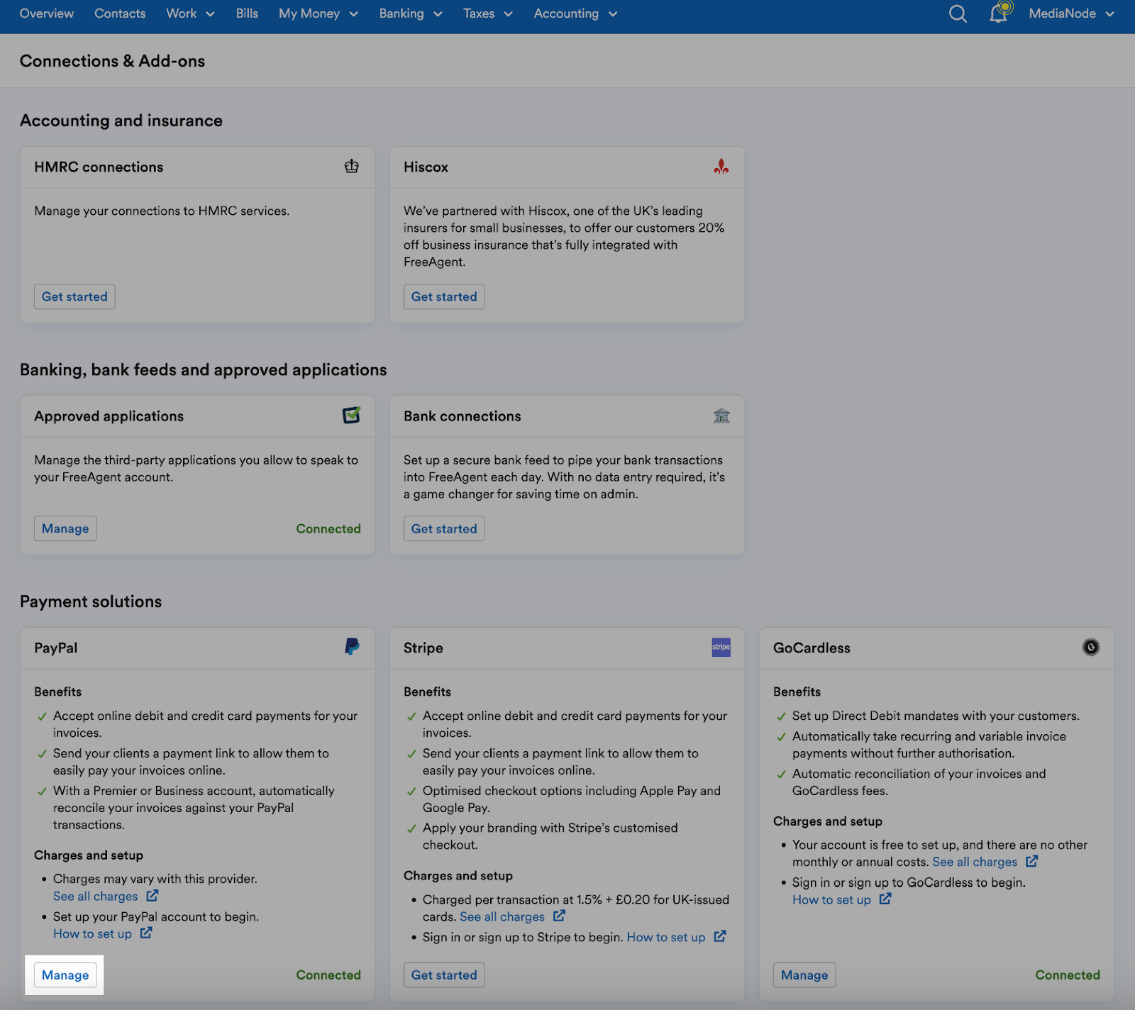 Manage highlighted in PayPal section of connections & add-ons area