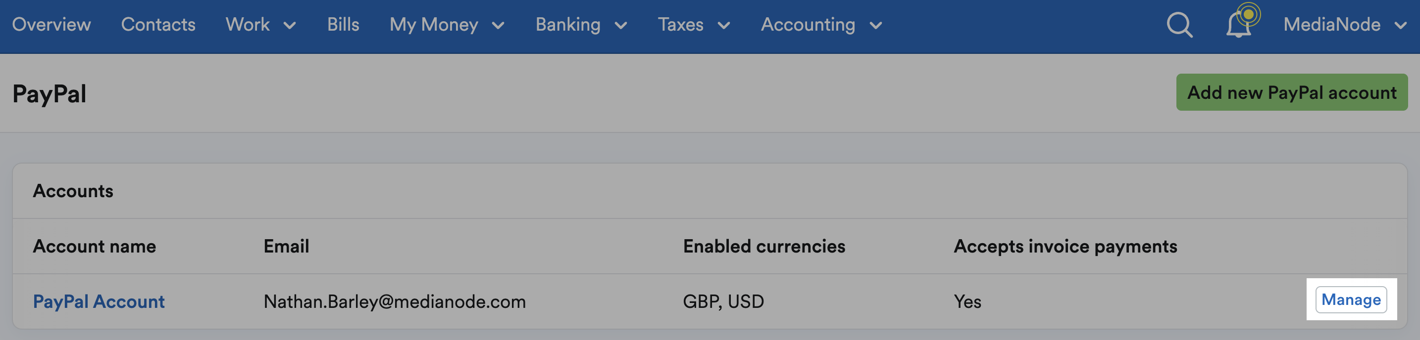 Manage button highlighted