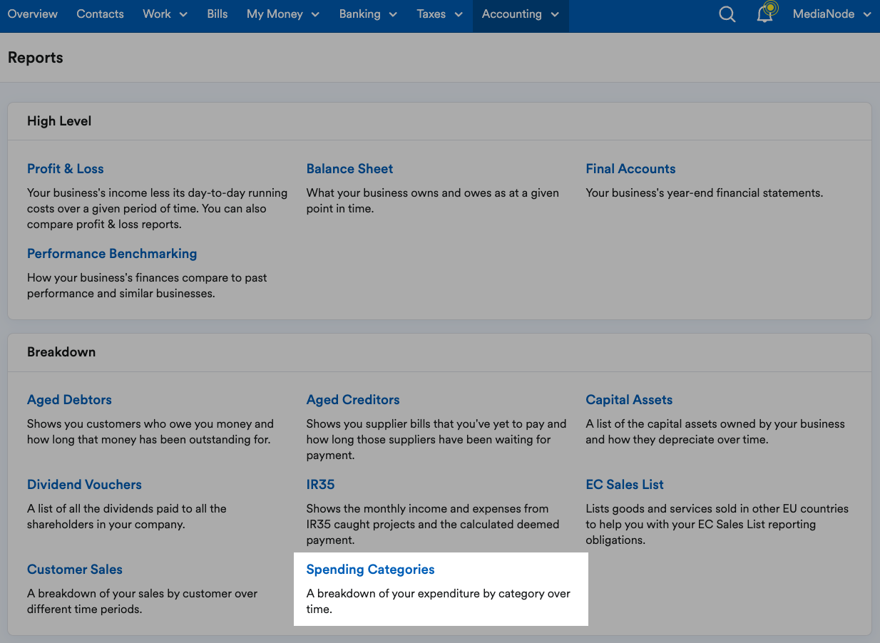 Spending categories highlighted in breakdown section of Reports page.