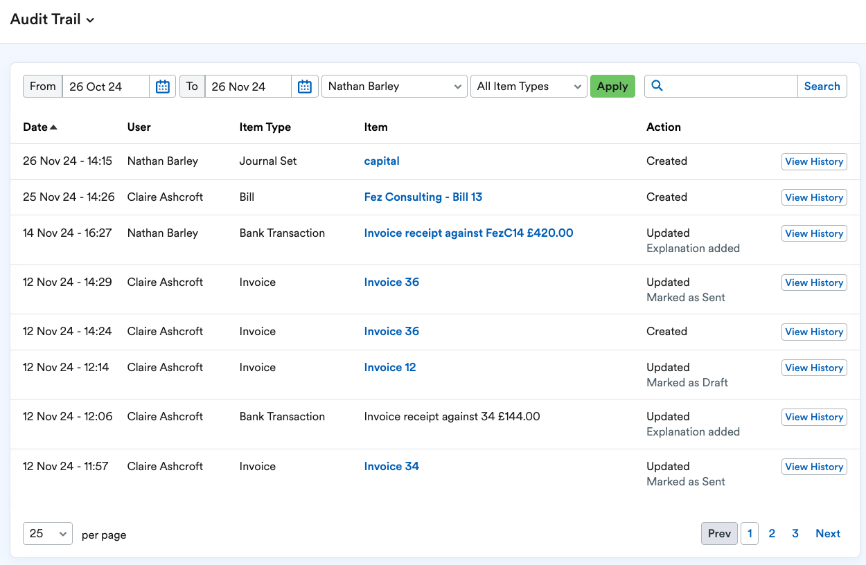 Example of the audit trail report