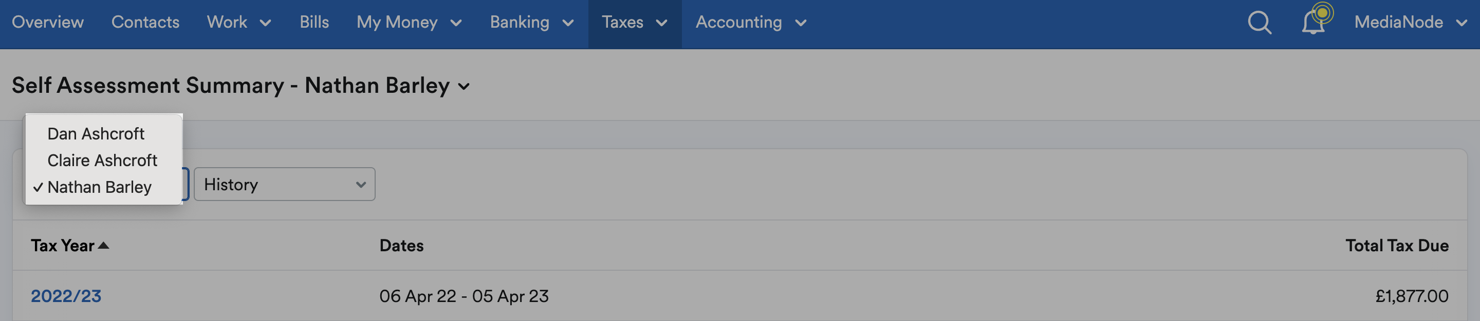 Self Assessment screen with user options highlighted