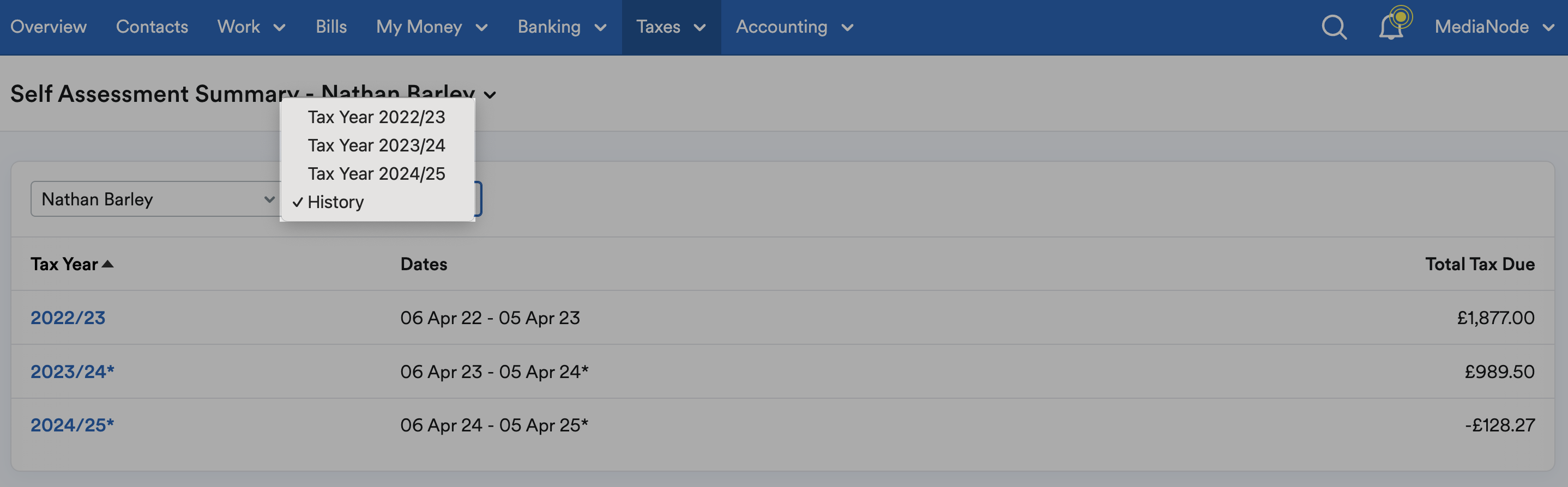 Tax year history drop-down menu highlighted