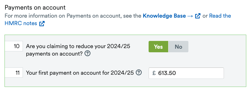 Payments on account section of tax adjustments page