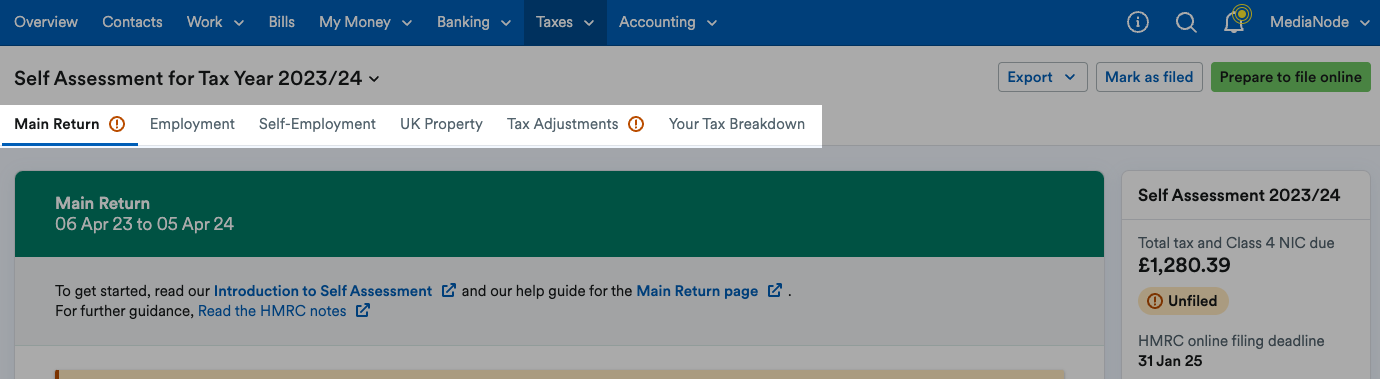 Six tabs beneath Self Assessment form title highlighted.