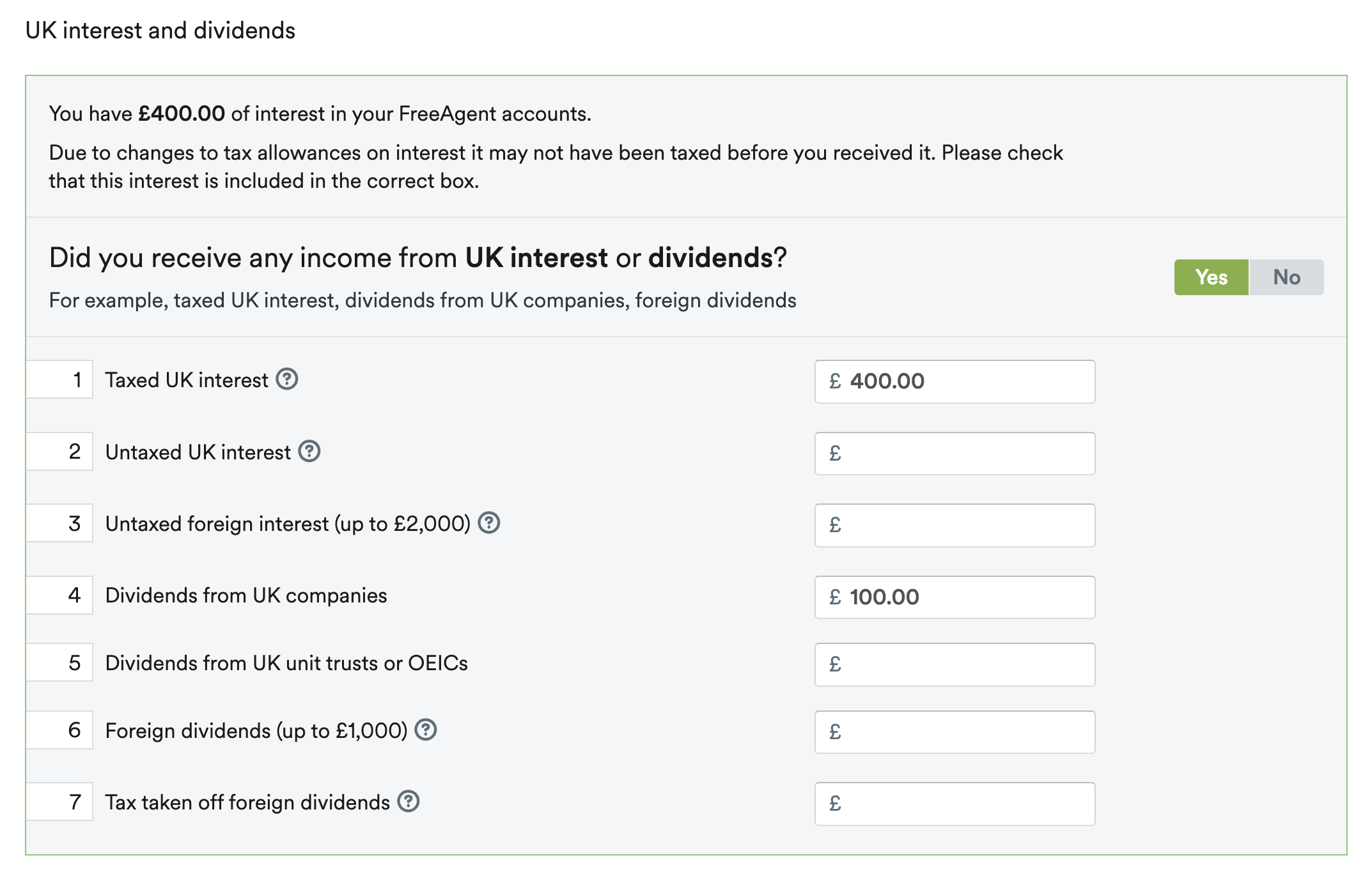 Uk interest and dividends section of the main return page