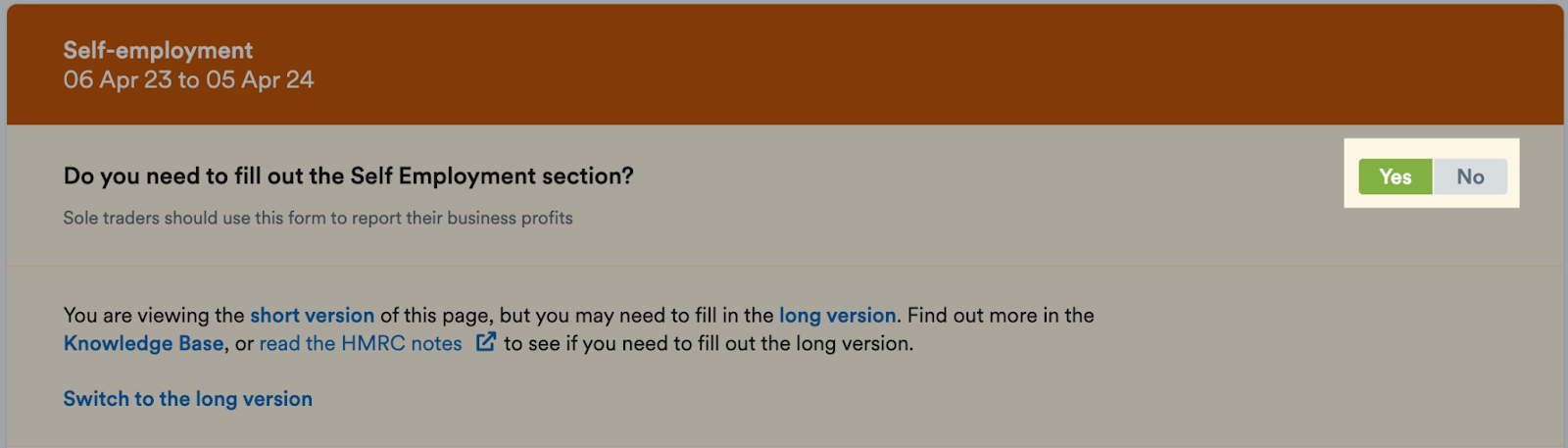 Self-employment page toggle set to yes and highlighted