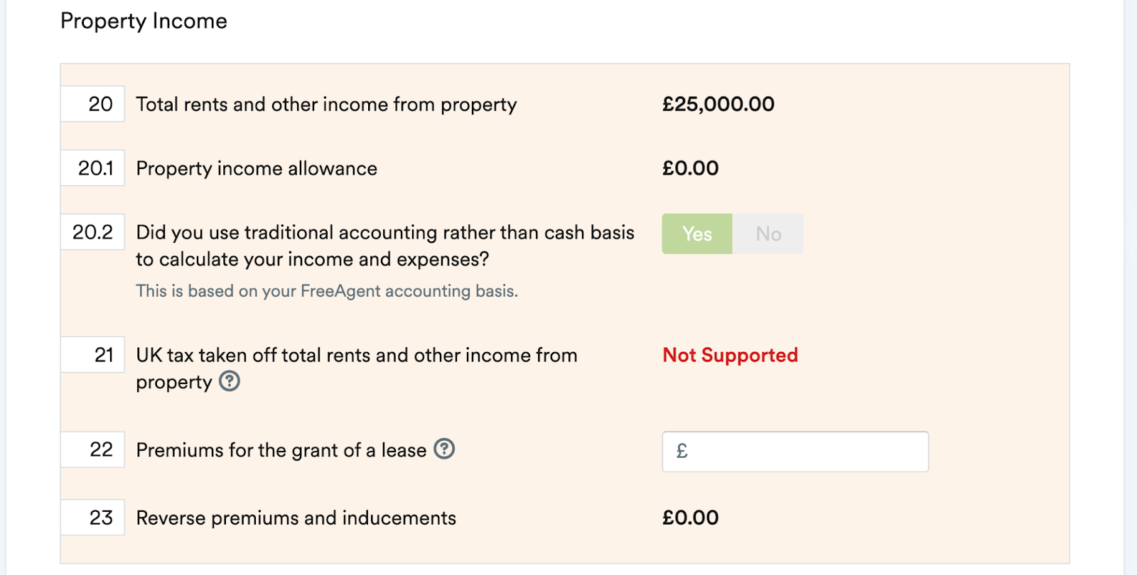 Boxes 20-23 of the Property Income page in an unincorporated landlord account