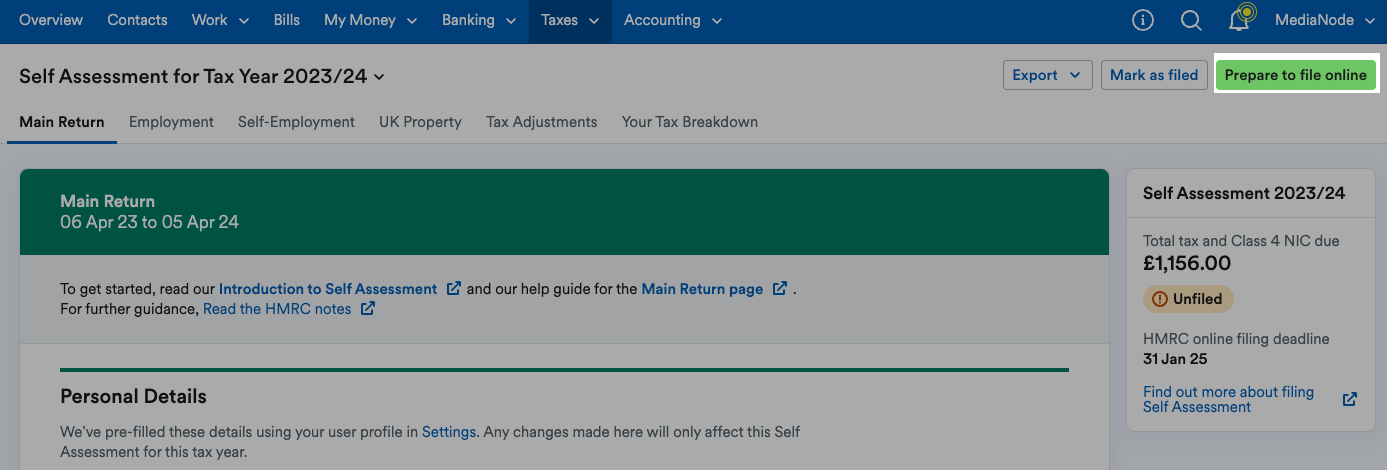 'Prepare to file online' button highlighted at the top of the return.