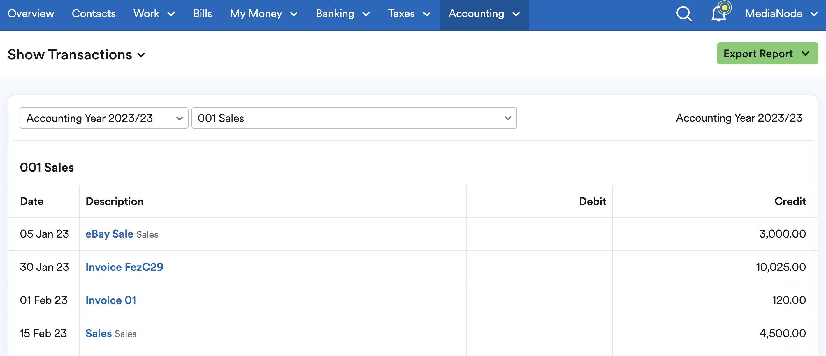 Screenshot showing example of show transactions report