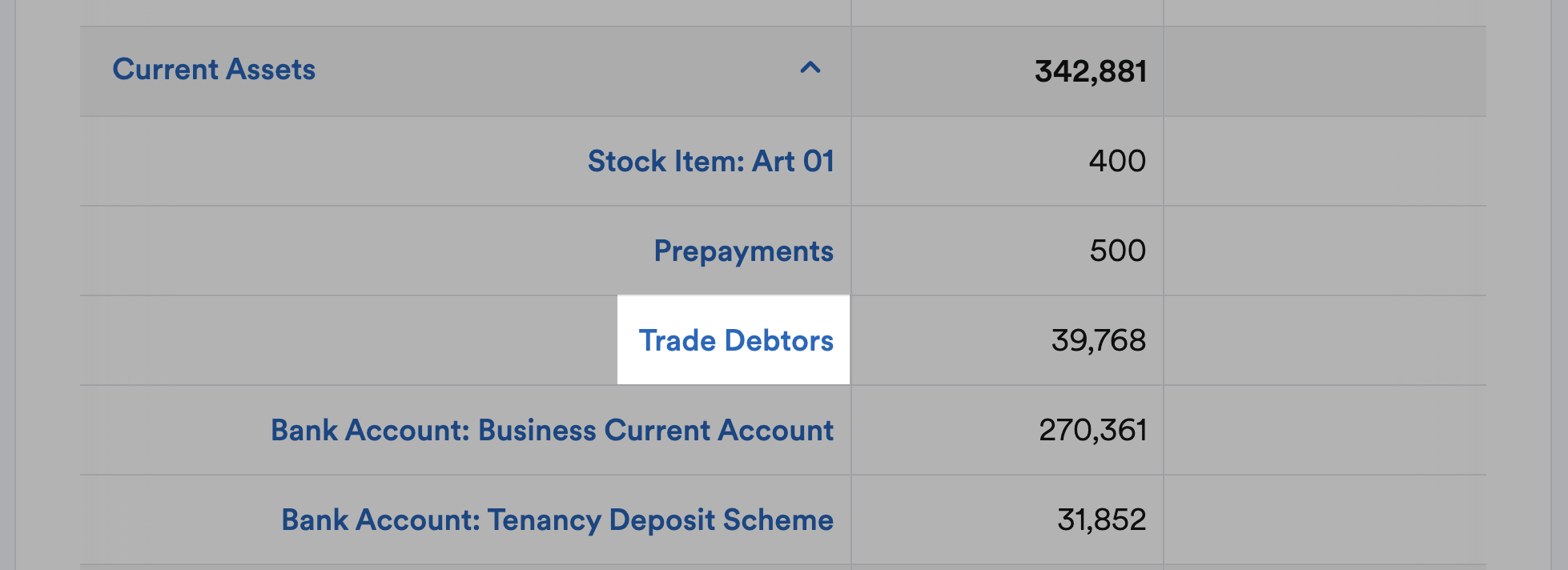 Item highlighted on the Balance Sheet report