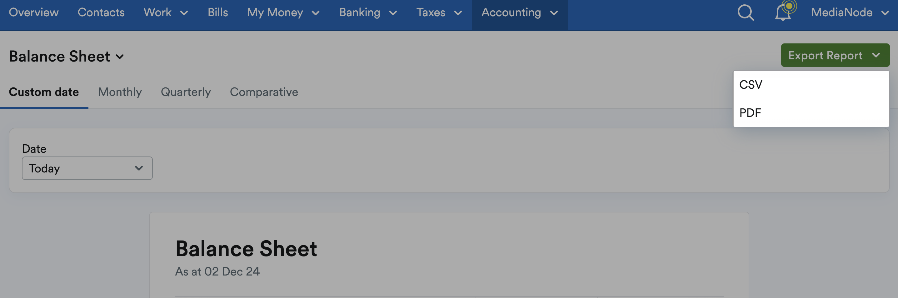 balance sheet export options highlighted