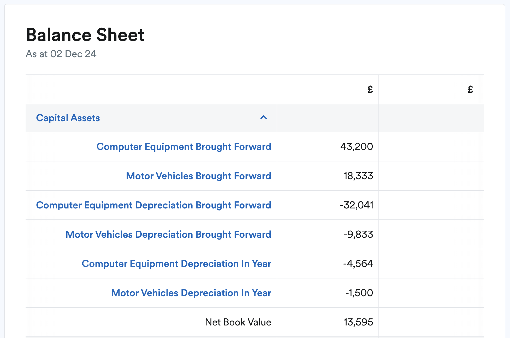 Capital assets section of Balance Sheet