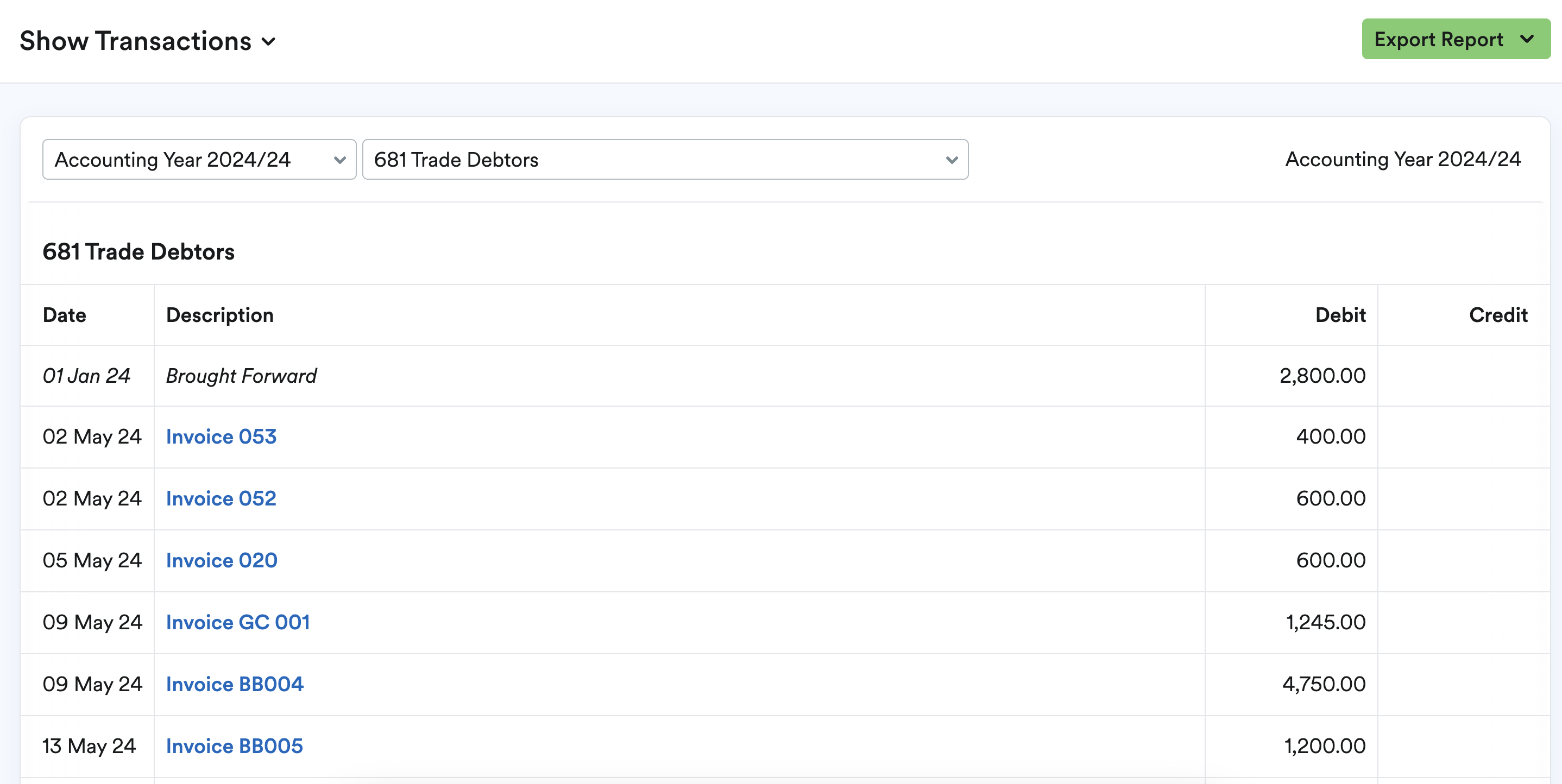 List of transactions on Show Transactions report