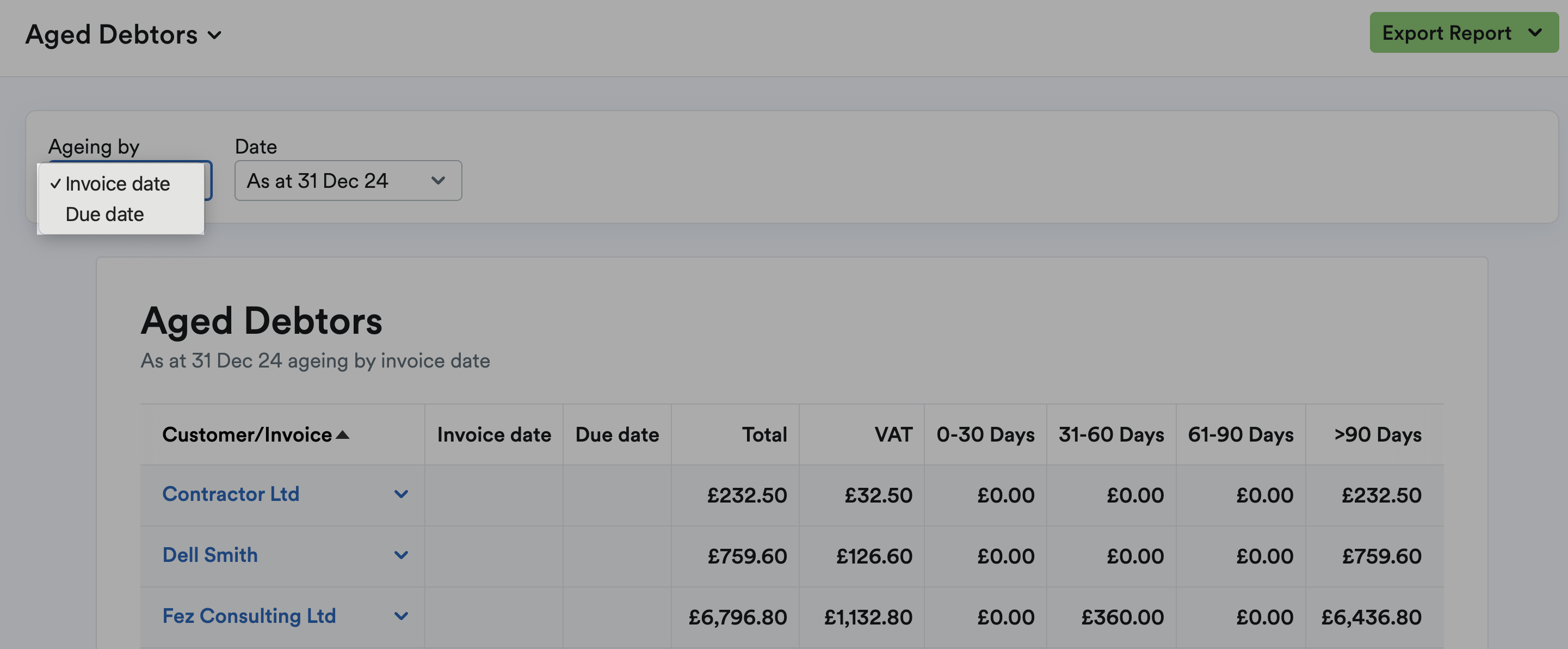 As at date drop-down menu