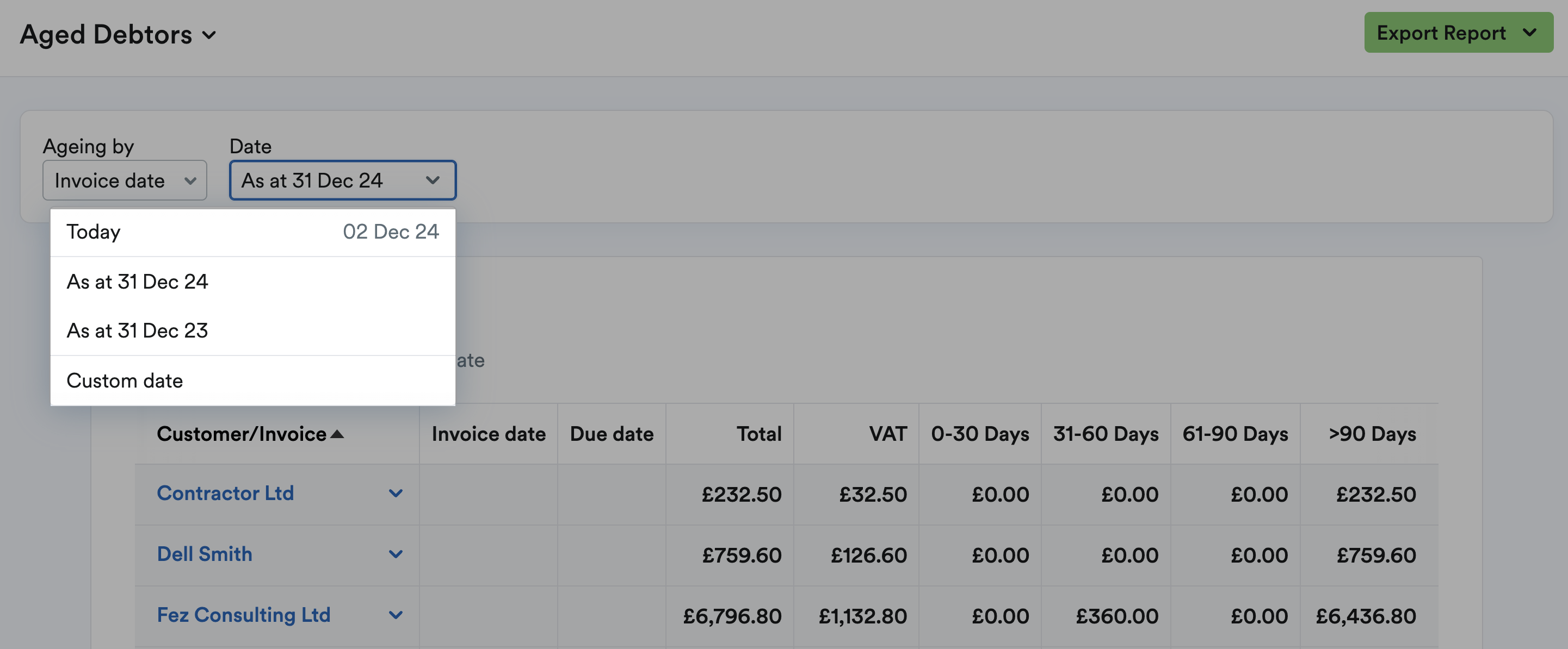 'Custom Date' highlighted in drop-down menu
