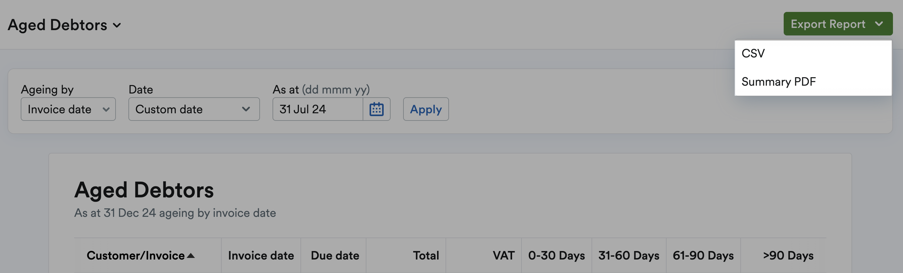 Export Report drop-down menu highlighted with options for CSV and Summary PDF files.