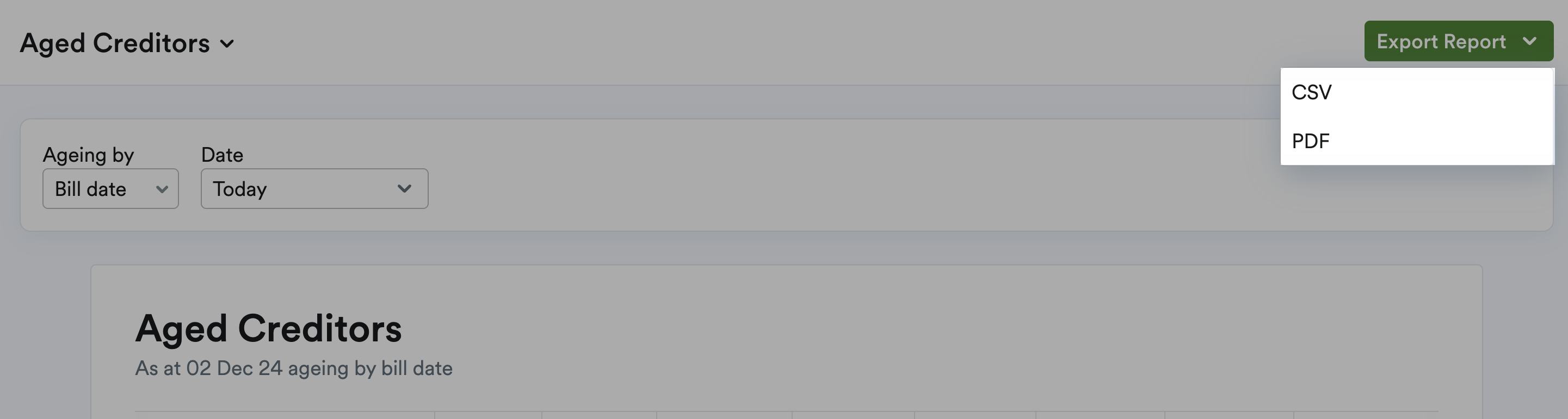 Export Report drop-down menu highlighted and showing options for CSV and PDF files.