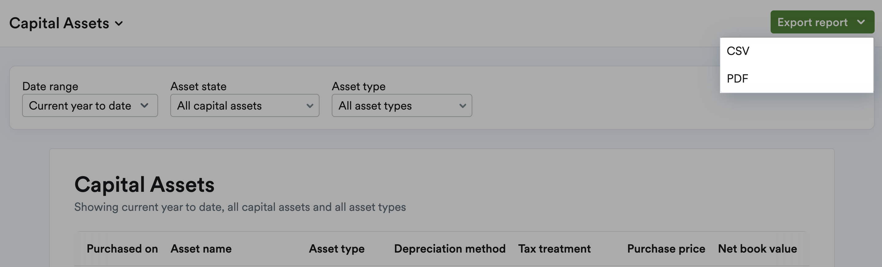 export report options highlighted for capital assets report
