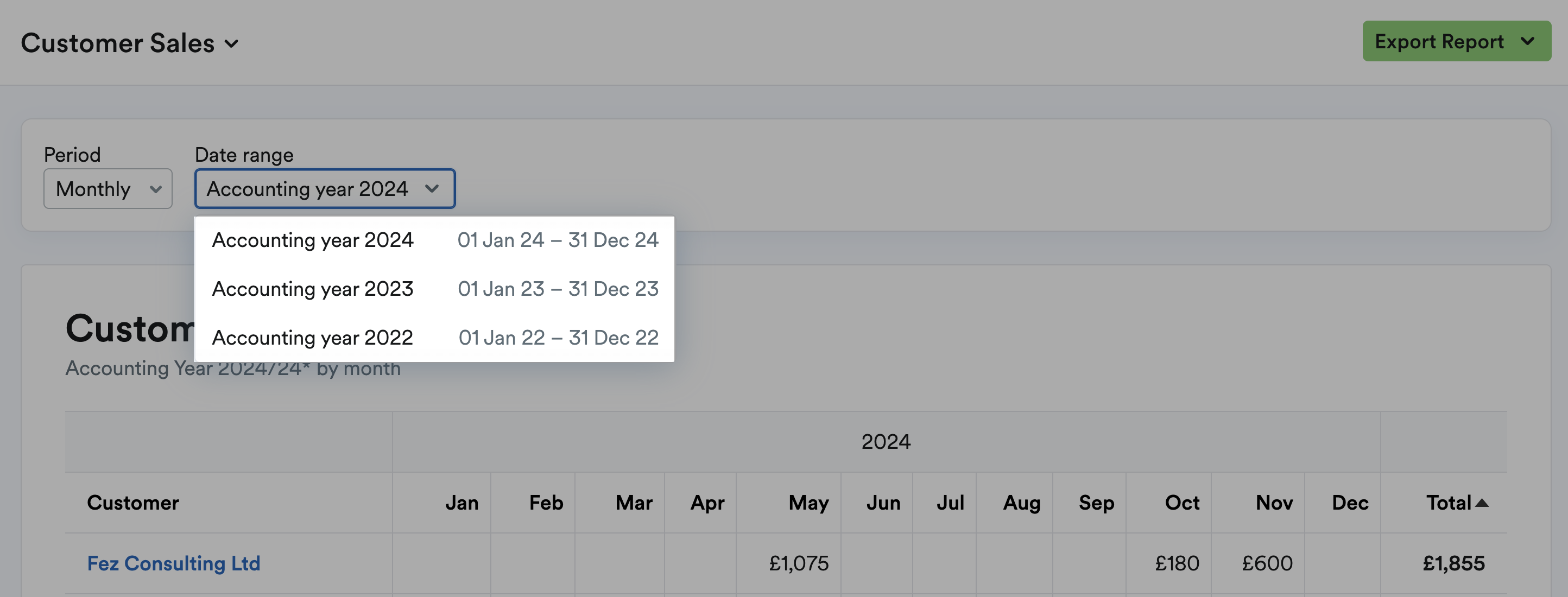 accounting year options highlighted in the date range drop-down menu