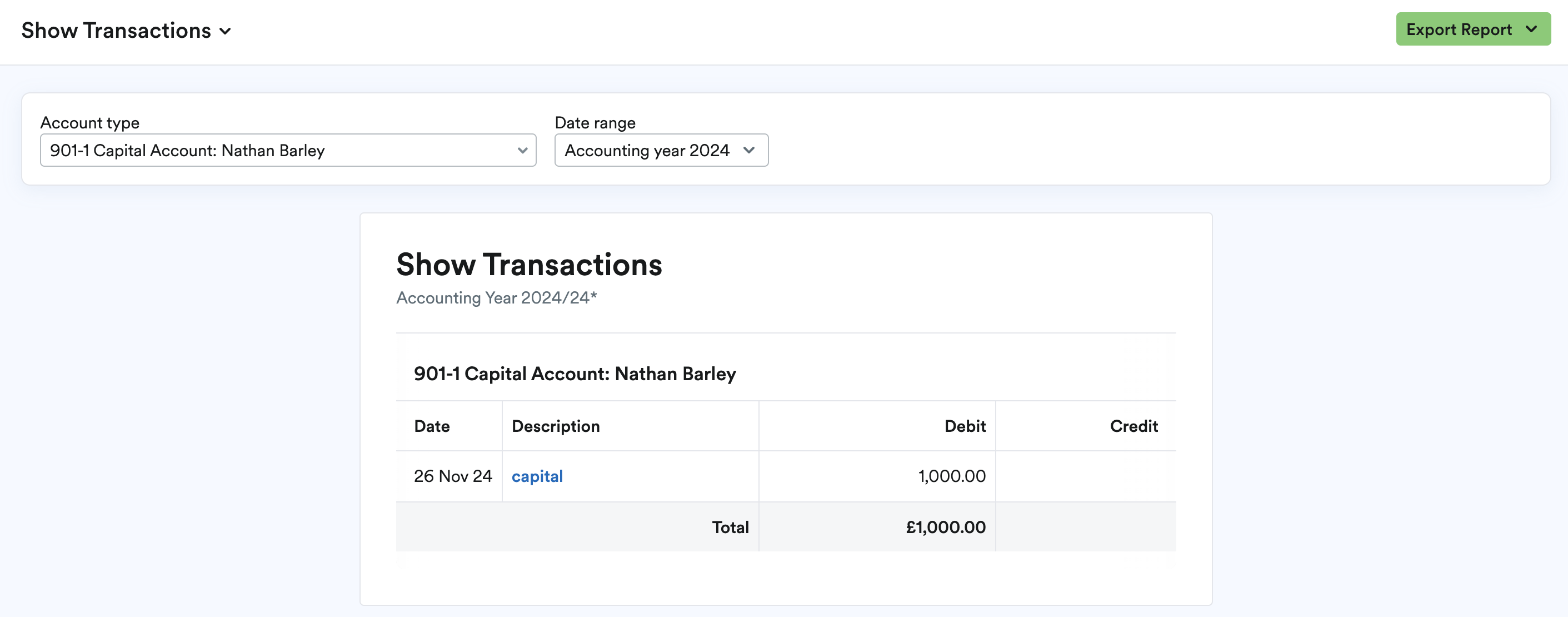 Show transaction report with debit and credit columns.