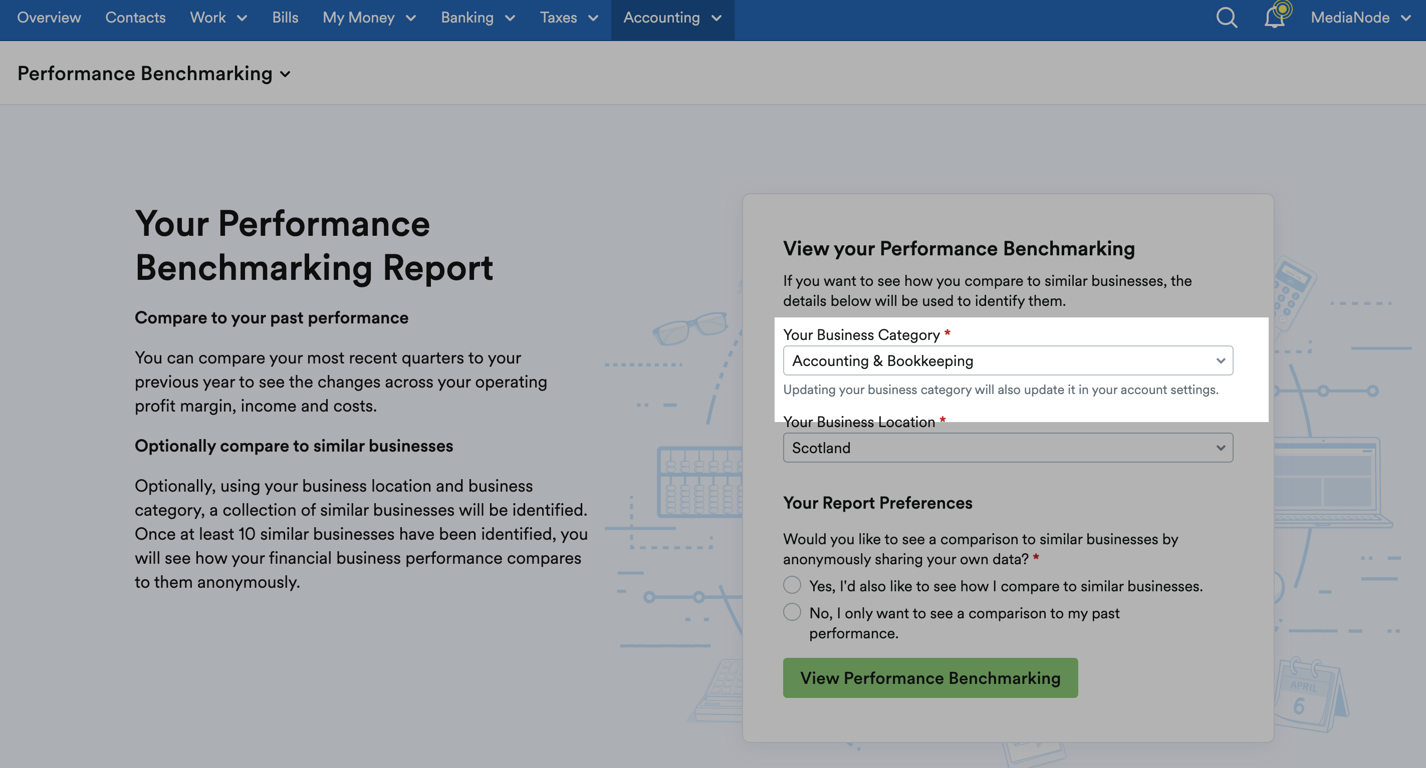 Business Category highlighted in Performance Benchmarking setup page.