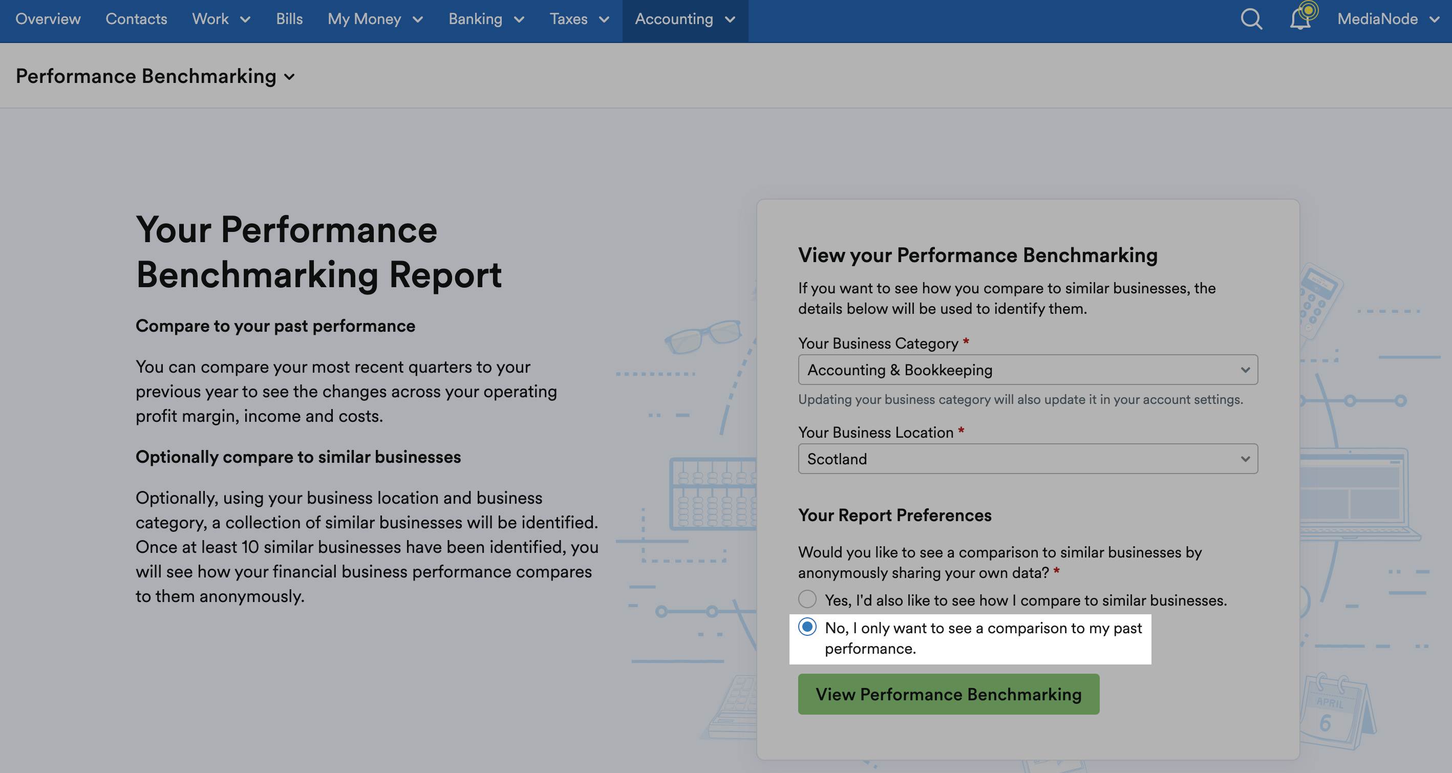 Option for 'No, I only want to see a comparison to my past performance' highlighted.