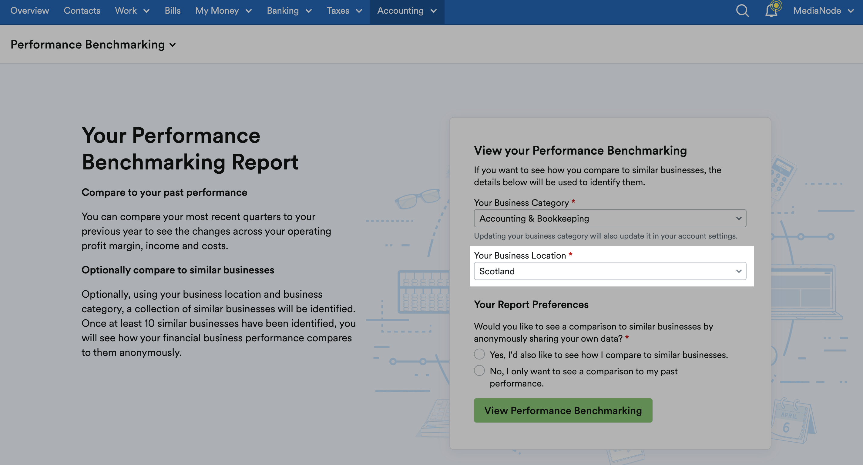 Business Location highlighted on Performance Benchmarking setup page.