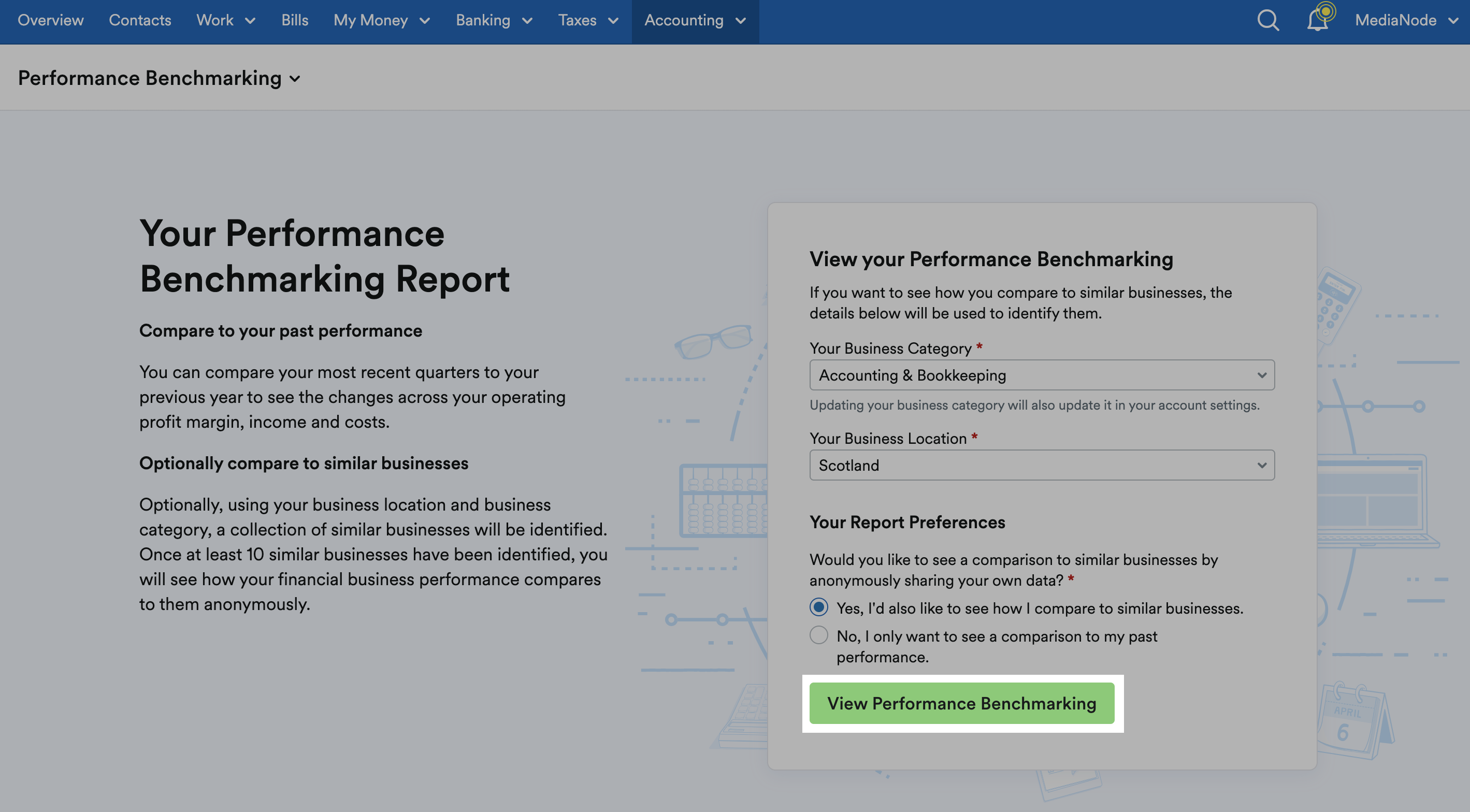 'View Performance Benchmarking' button highlighted at bottom of Performance Benchmarking setup page.