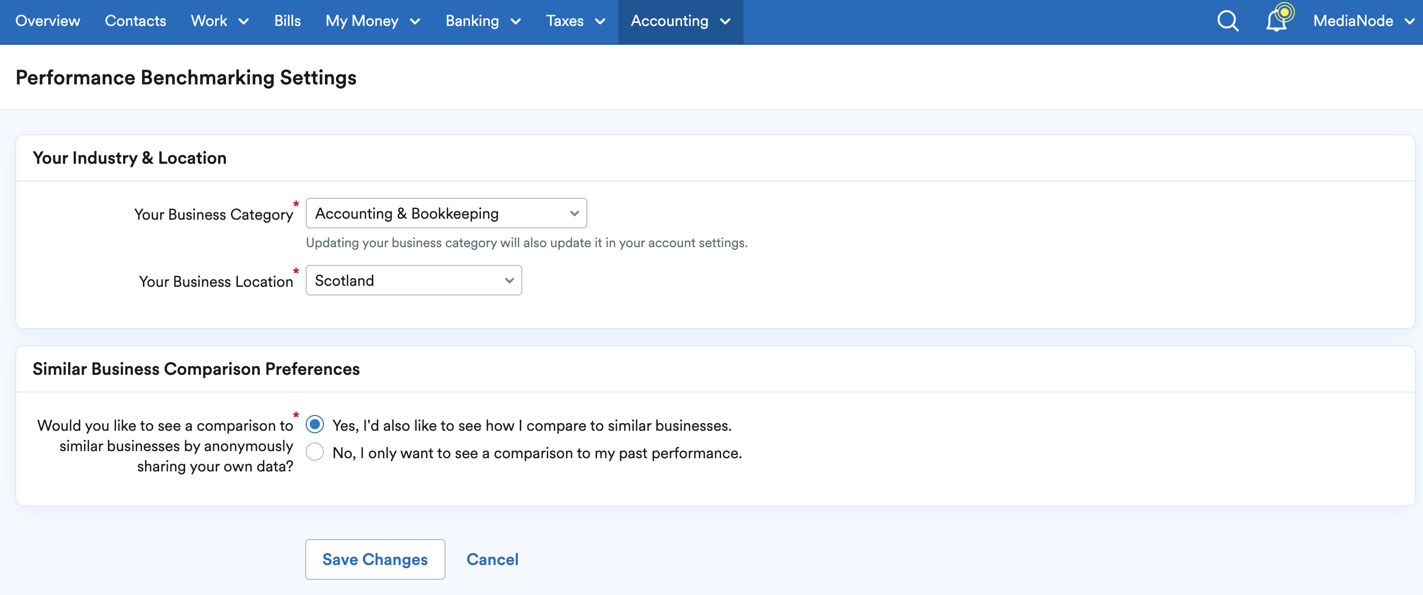 Performance Benchmarking Settings page.