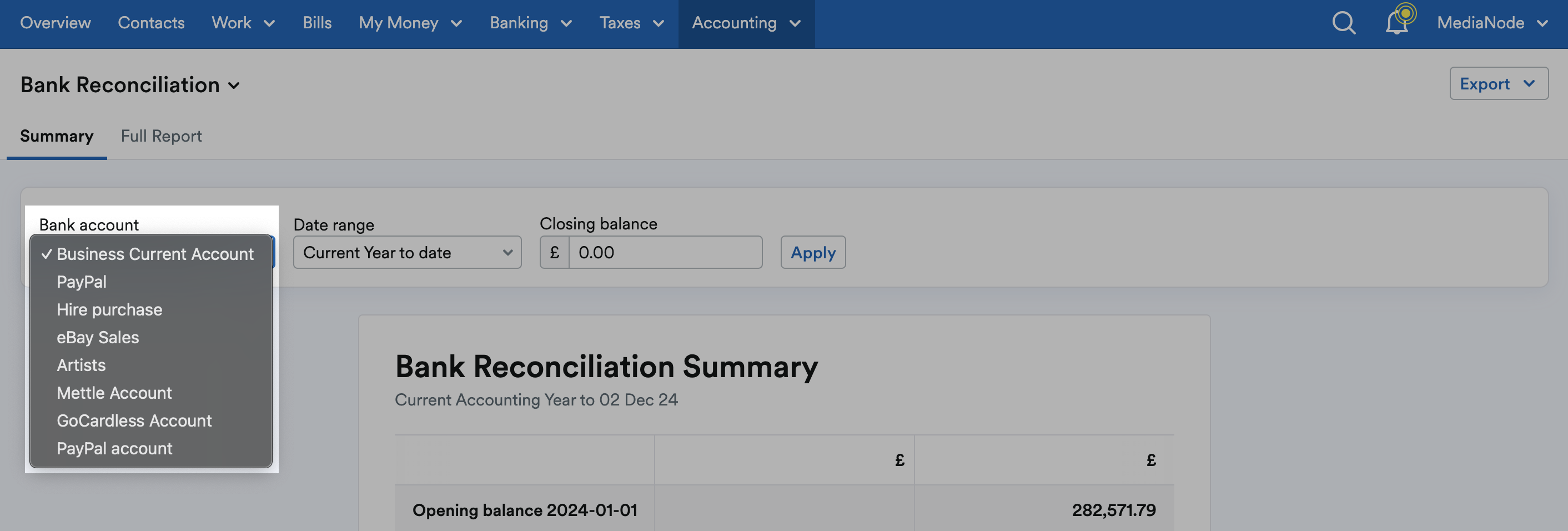 List of bank accounts on drop down menu.