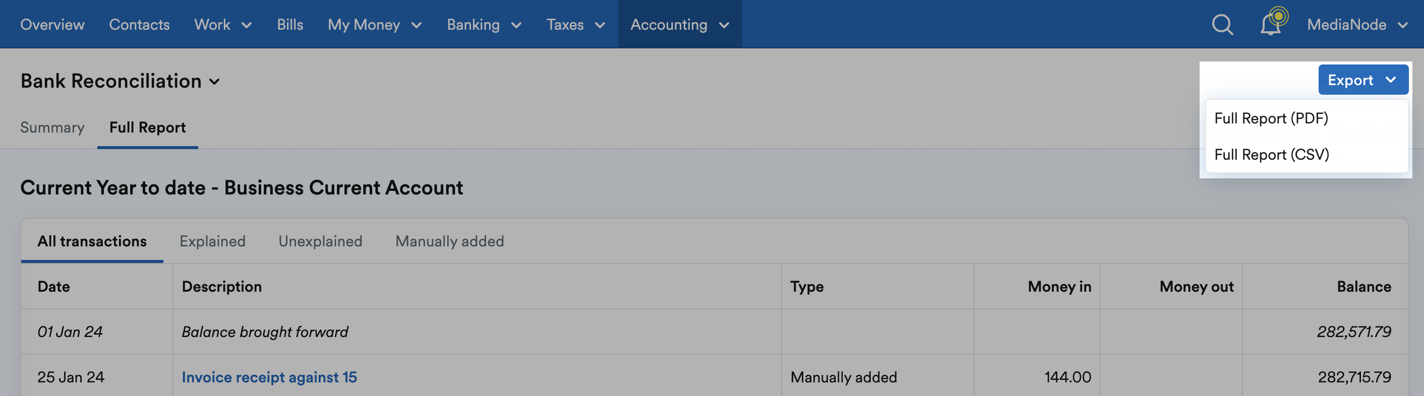 Export options of Full Report (PDF) and Full Report (CSV) in Export drop down menu.