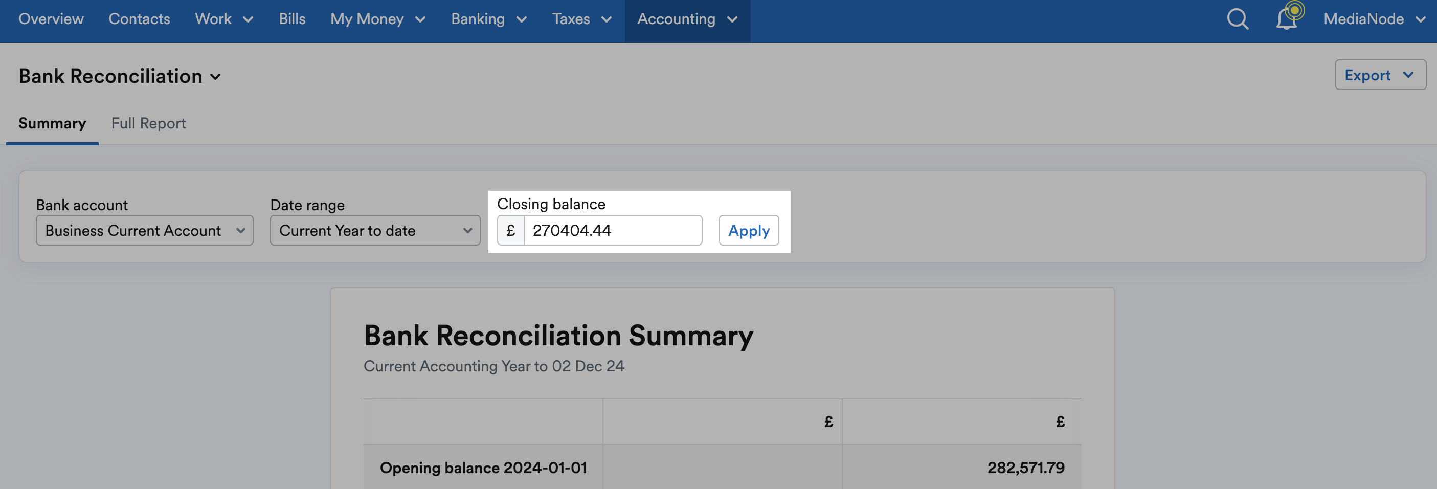 Closing balance highlighted above the summary.