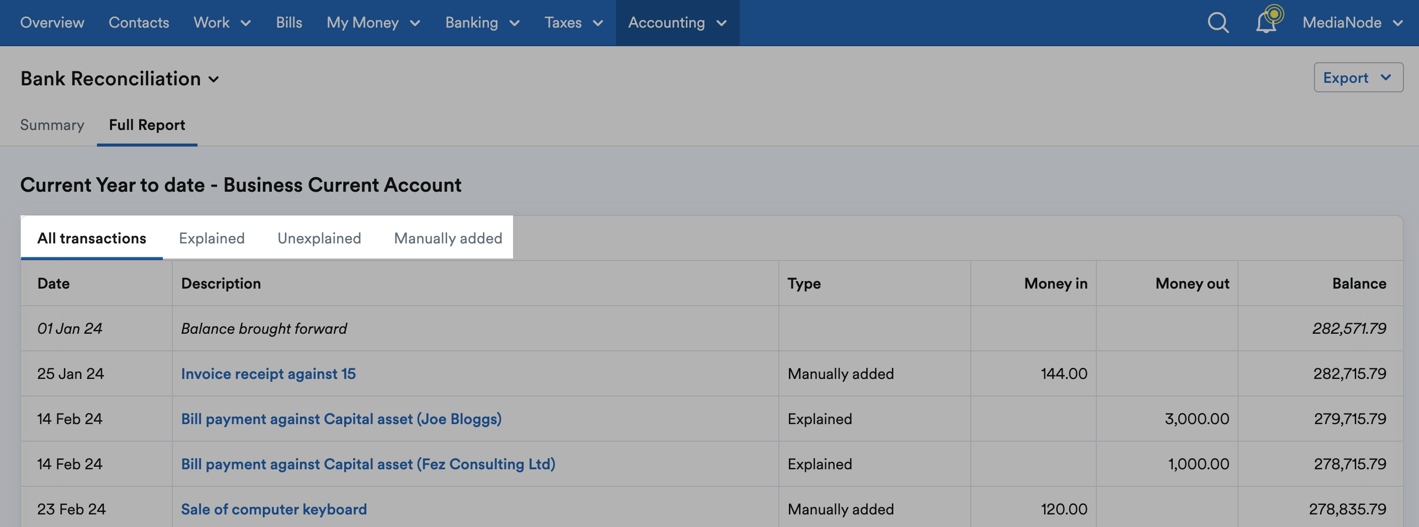 Tabs for 'All transactions', 'Explained'. 'Unexplained' and 'Manually added' highlighted.