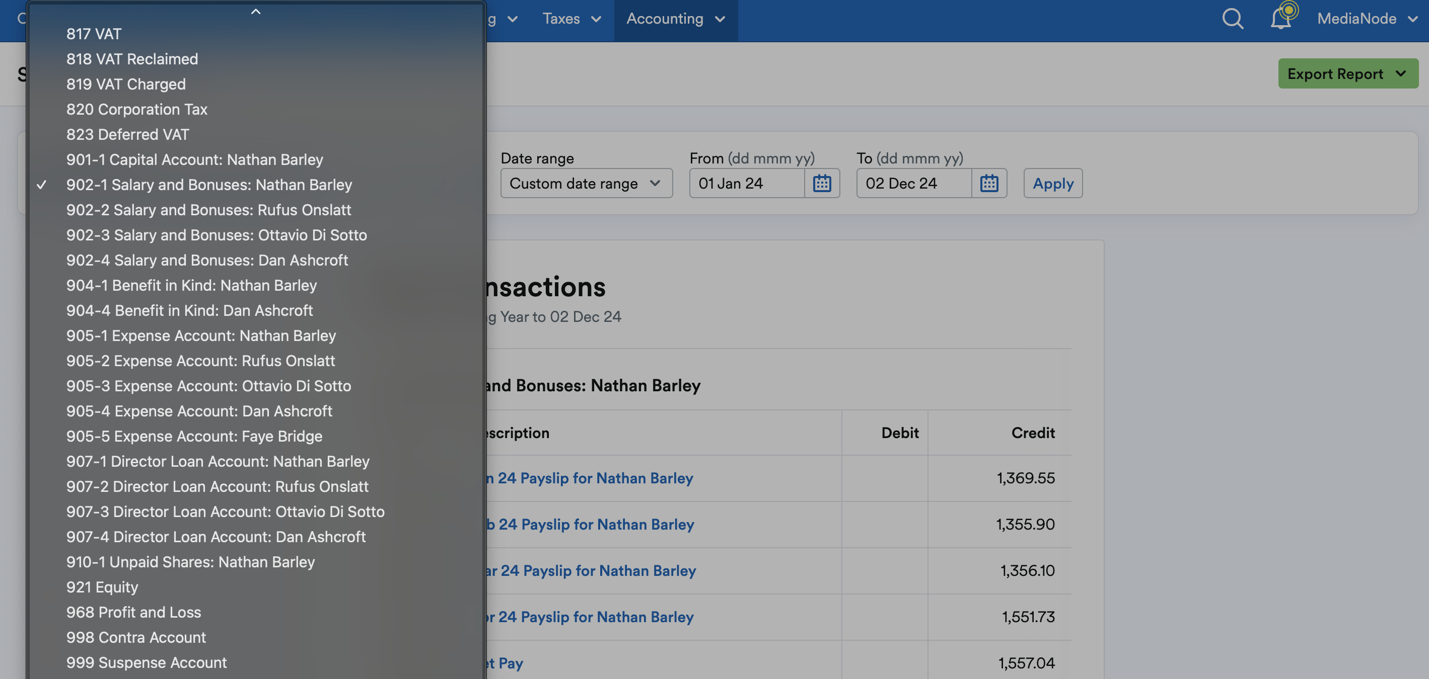 Accounts listed in drop down menu.